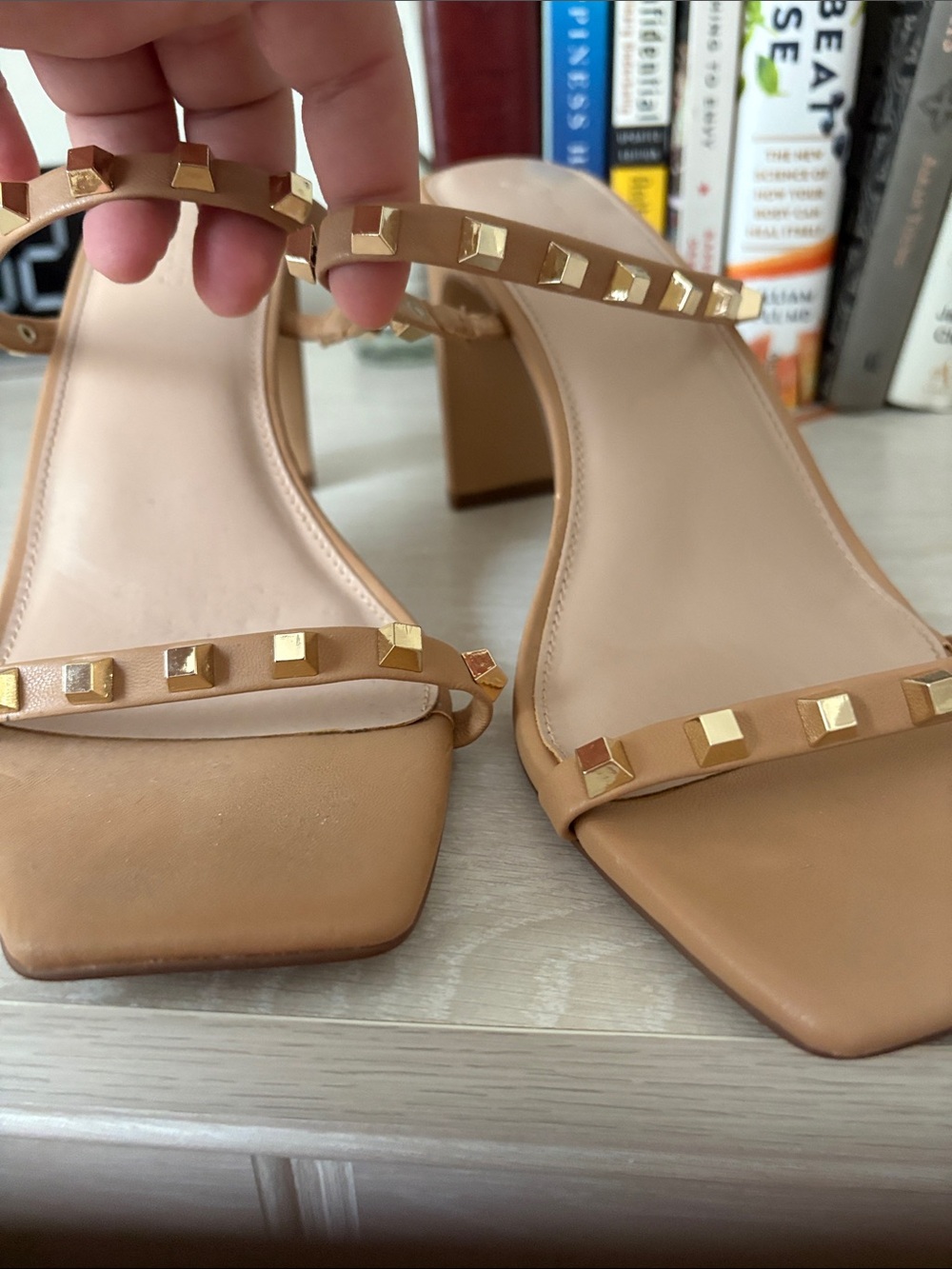 Studded Tan Square-Toe Block Heel Sandals